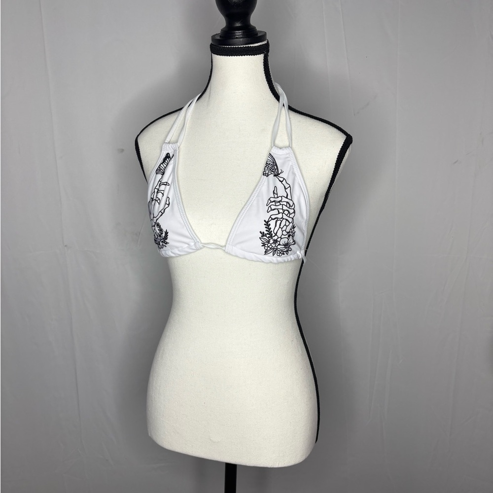 White Halter Bikini Top with Black Skeleton Design NWOT
